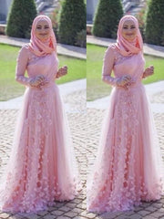 Scoop Sweep/Brush Train With Applique Tulle Muslim Prom Dresses