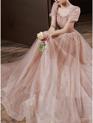 A-Line Prom Dresses Elegant Dress Engagement Prom Floor Length Half Sleeve Square Neck Satin with Appliques