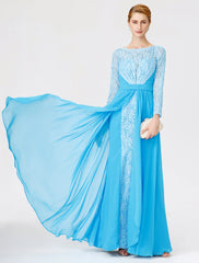 A-Line Ball Gown Scoop Neck Floor Length Chiffon Lace Mother of the Bride Dress with Sash / Ribbon Pleats