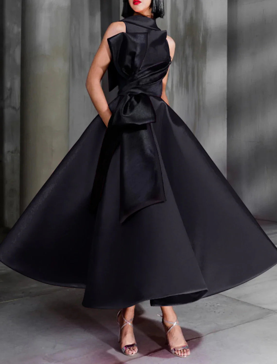 Ball Gown Color Block Celebrity Style Elegant Prom Formal Evening Birthday Dress Christmas Red Green Dress High Neck Sleeveless Ankle Length Satin with Bow(s) 2025