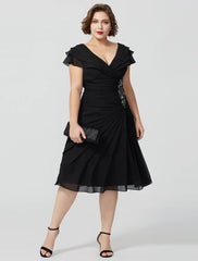 Aimishang A-Line Mother of the Bride Dress Plus Size Elegant Sexy V Neck Knee Length Chiffon Short Sleeve No with Beading Tiered