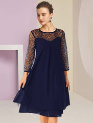 Aimishang A-Line Mother of the Bride Dress Formal Wedding Guest Elegant Scoop Neck Knee Length Lace 3/4 Length Sleeve with Sequin