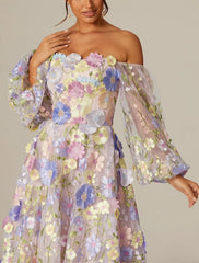 A-Line Prom Dresses Vintage Dress Valentine's Day Prom Tea Length Long Sleeve Square Neck Tulle With Flowers