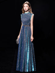 A-Line Elegant Shine Formal Evening Dress Sleeveless Floor Length Tulle with Sash Ribbon
