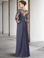 Aimishang Sheath / Column Mother of the Bride Dress Elegant Jewel Neck Floor Length Chiffon Lace 3/4 Length Sleeve with Ruched Appliques