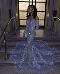 2024 Long Sleeves Sequins Prom Dresses Iridescent Off the Shoulder Sweetheart Dress