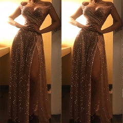 Sequins Chic Off-the-Shoulder Evening Dress with Front Split