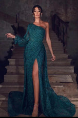 Sequins Lace Long Sleeves Prom Dress SPlit Evening Gowns