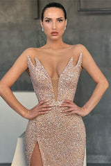 Sequins Mermaid Evening Dress with Sleeveless V-Neck and Split