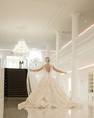 Sexy A-Line Deep V-neck Spaghetti-Straps Floor-length Wedding Dress with Appliques Lace and Backless Design
