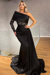 Sexy Black Long One Shoulder Mermaid Evening Prom Dress with Sleeves
