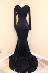 Sexy Black Mermaid V-Neck Long Sleeves Appliques Sequins Prom Dress