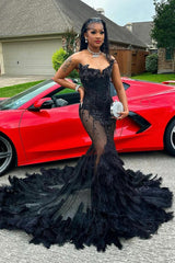 Sexy Black Sweetheart Mermaid Crystal Prom Dress with Feathers
