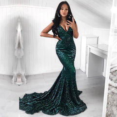 Sexy Dark Green Sequins V-Neck Sleeveless Mermaid Prom Dress