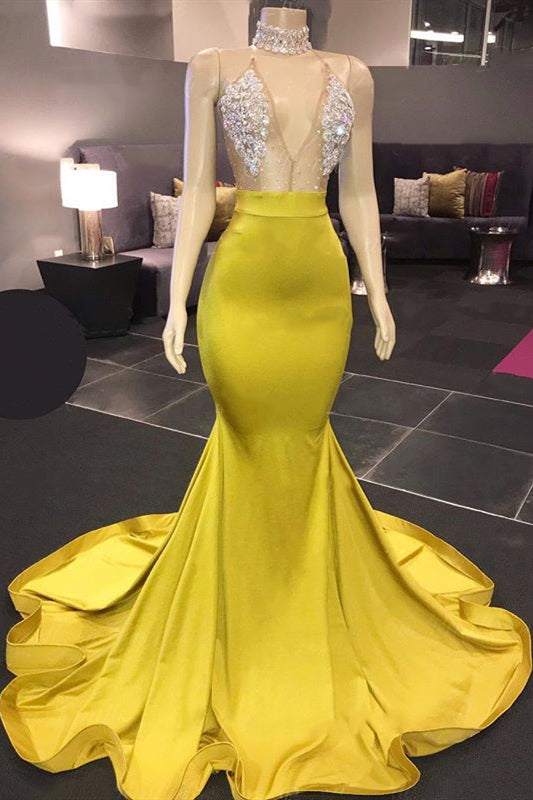 Sexy Gold Mermaid Halter Appliques Prom Dress with Beadings