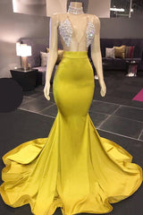 Sexy Gold Mermaid Halter Appliques Prom Dress with Beadings