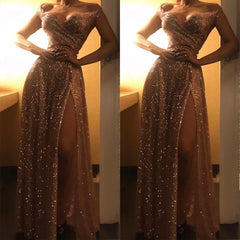 Sexy Gold Off-Shoulder Sequins Side Slit Ruffles Prom Dress