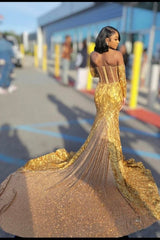 Sexy Gold Strapless Sequins Mermaid Beads Prom Dress