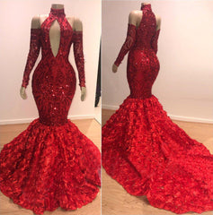 Sexy High Neck Red Sequins Long Sleeves Flowers Prom Dress with Keyhole