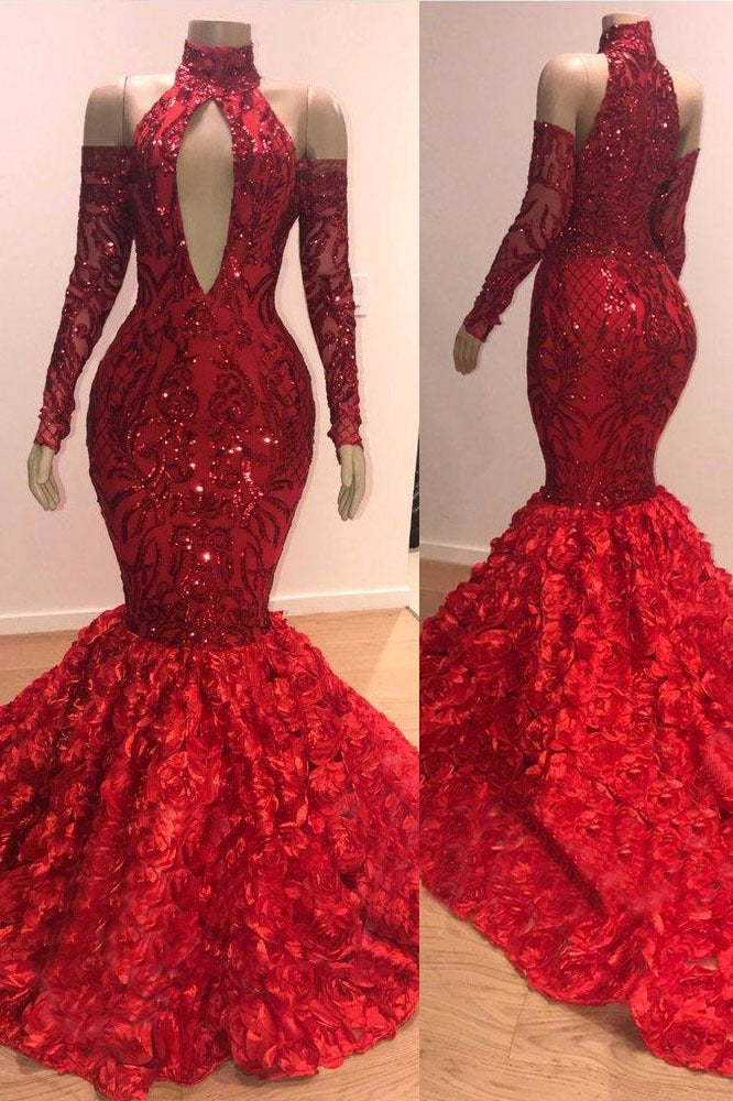 Sexy High Neck Red Sequins Long Sleeves Flowers Prom Dress with Keyhole