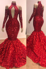 Sexy High Neck Red Sequins Long Sleeves Flowers Prom Dress with Keyhole
