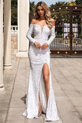 Sexy Off the Shoulder Sequin Evening Party Dress Long Sleeves