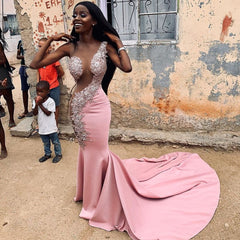 Sexy Pink Sleeveless Appliques Mermaid Sheer Tulle Prom Dress