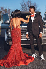 Sexy Red Mermaid Sequins Appliques Open Back Prom Dress
