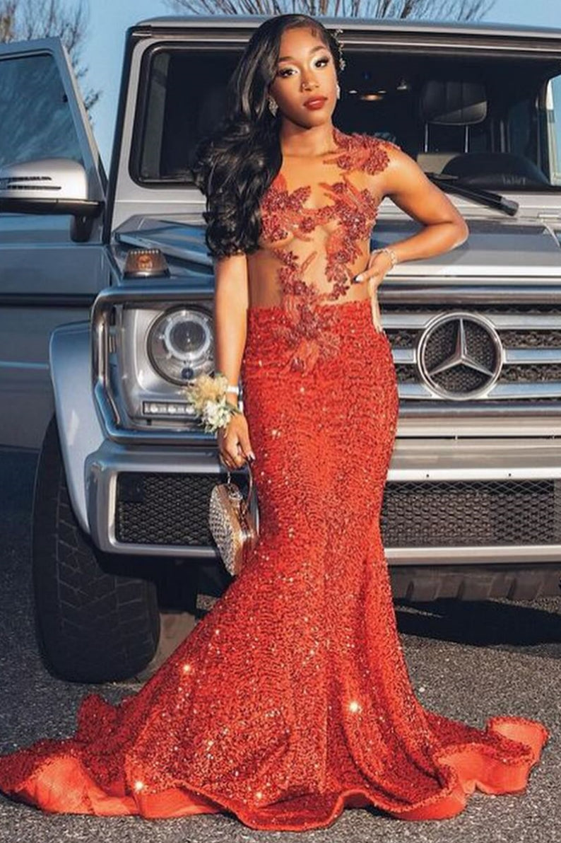 Sexy Red Mermaid Sequins Appliques Open Back Prom Dress