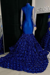 Sexy Royal Blue Long Sleeves High Neck Beading Prom Dress