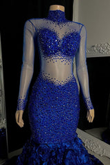Sexy Royal Blue Long Sleeves High Neck Beading Prom Dress