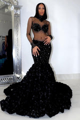 Sexy Royal Blue Long Sleeves High Neck Beading Prom Dress