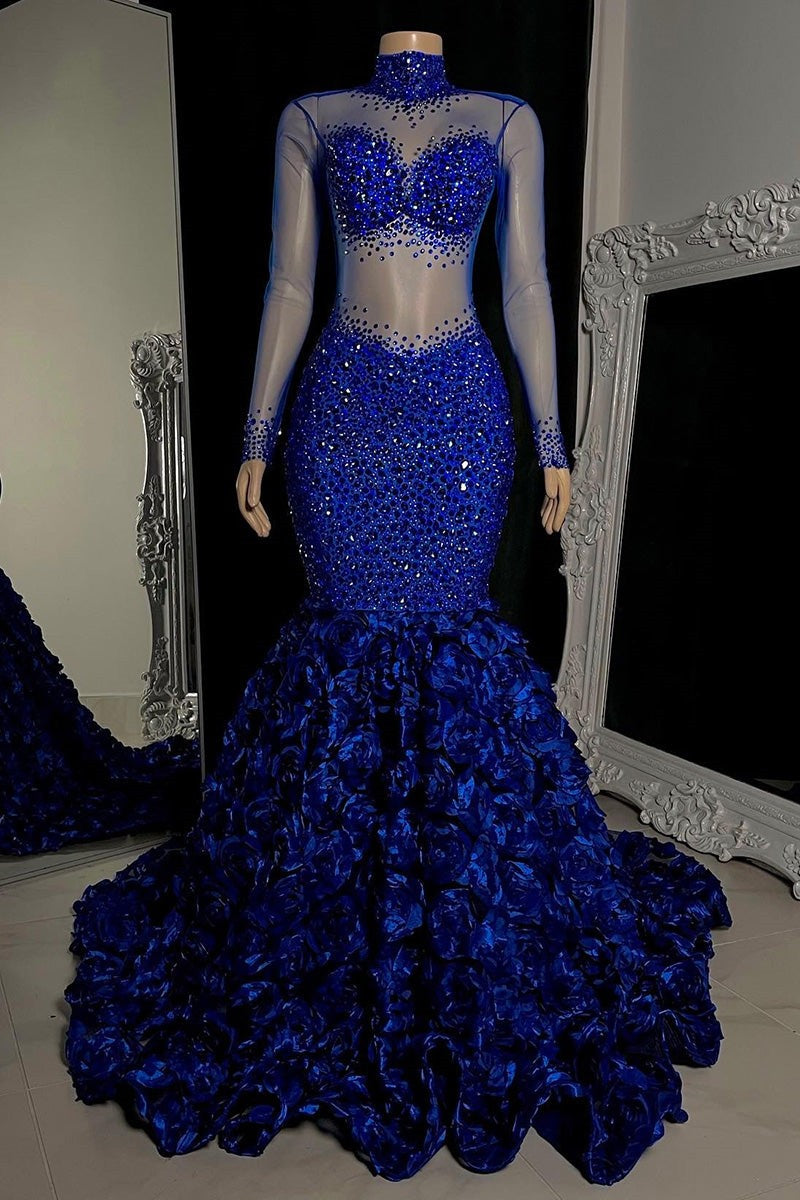 Sexy Royal Blue Long Sleeves High Neck Beading Prom Dress