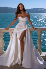 Sexy Spaghetti-Straps Satin Long Mermaid Wedding Dress With Slit Sweetheart