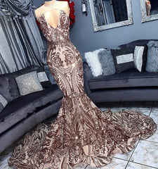 Sexy V-Neck Sequins Sleeveless Mermaid Bespoke Prom Dress