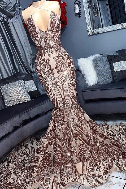 Sexy V-Neck Sequins Sleeveless Mermaid Bespoke Prom Dress
