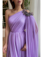 A-Line Evening Gown Elegant Dress Formal Wedding Guest Sweep / Brush Train Sleeveless One Shoulder Capes Chiffon with Slit Shawl