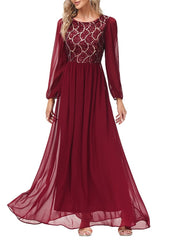 A-Line Evening Gown Empire Dress Party Wear Wedding Guest Floor Length Long Sleeve Jewel Neck Chiffon V Back with Sequin Splicing