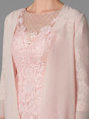 Two Piece Sheath / Column Mother of the Bride Dress Church Sparkle & Shine Jewel Neck Knee Length Chiffon Lace 3/4 Length Sleeve Jacket Dresses with Beading