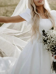 Aimishang Formal Wedding Dresses Ball Gown Square Neck Short Sleeve Chapel Train Satin Bridal Gowns With Solid Color