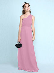 Sheath Column One Shoulder Floor Length Chiffon Flower Girl Dress with Natural Side Draping