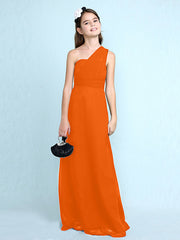 Sheath Column One Shoulder Floor Length Chiffon Flower Girl Dress with Natural Side Draping