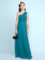 Sheath Column One Shoulder Floor Length Chiffon Flower Girl Dress with Natural Side Draping