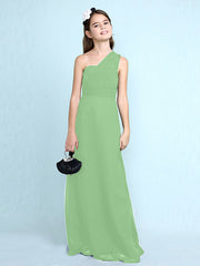 Sheath Column One Shoulder Floor Length Chiffon Flower Girl Dress with Natural Side Draping