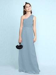 Sheath Column One Shoulder Floor Length Chiffon Flower Girl Dress with Natural Side Draping