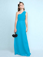 Sheath Column One Shoulder Floor Length Chiffon Flower Girl Dress with Natural Side Draping