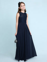Sheath Column Scoop Neck Floor Length Chiffon & Lace Junior Bridesmaid Dress