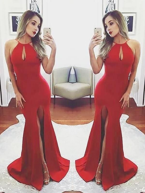 Sheath Halter Sleeveless Sweep/Brush Train With Ruffles Satin Dresses