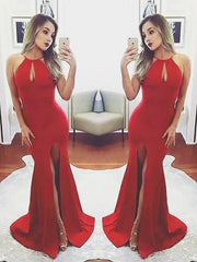 Sheath Halter Sleeveless Sweep/Brush Train With Ruffles Satin Dresses