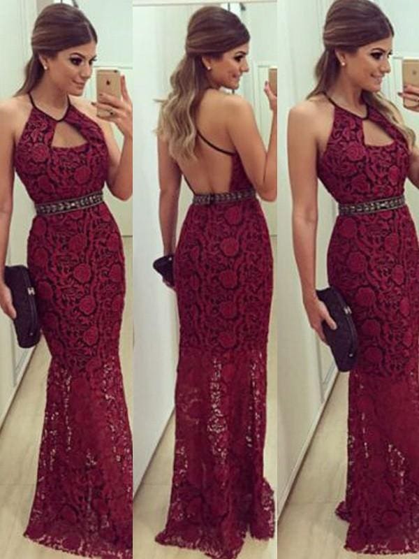 Sheath Lace Halter Sleeveless Red Prom Dresses With Beading